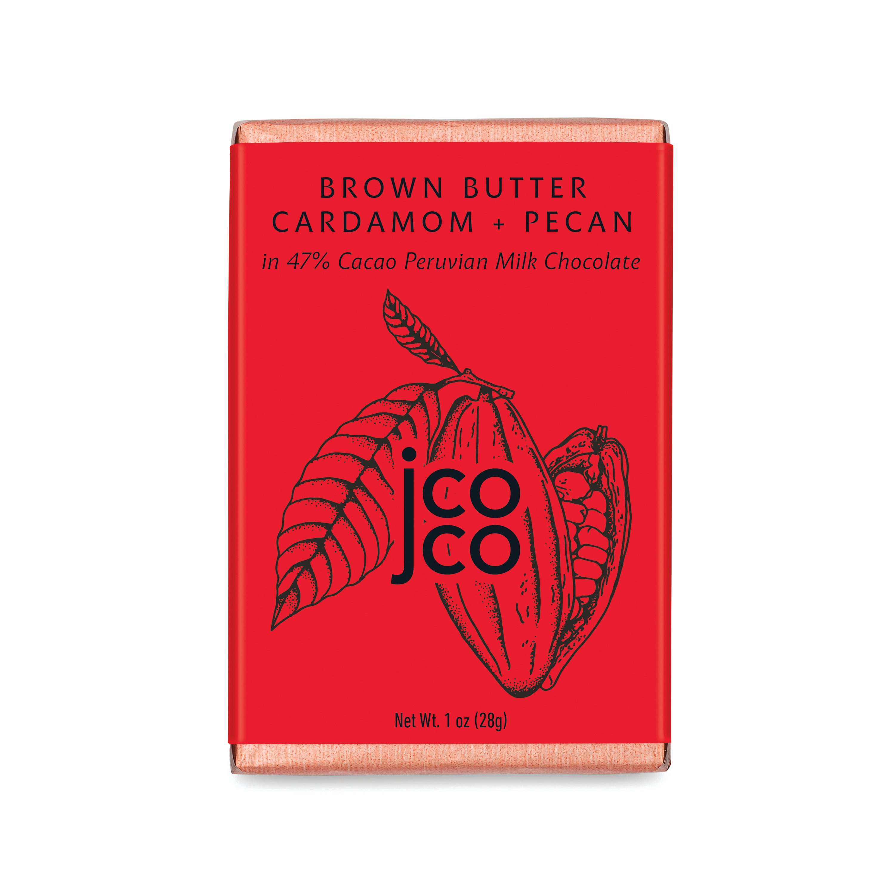 1oz jcoco Brown Butter Cardamom + Pecan Holiday Chocolate Bar