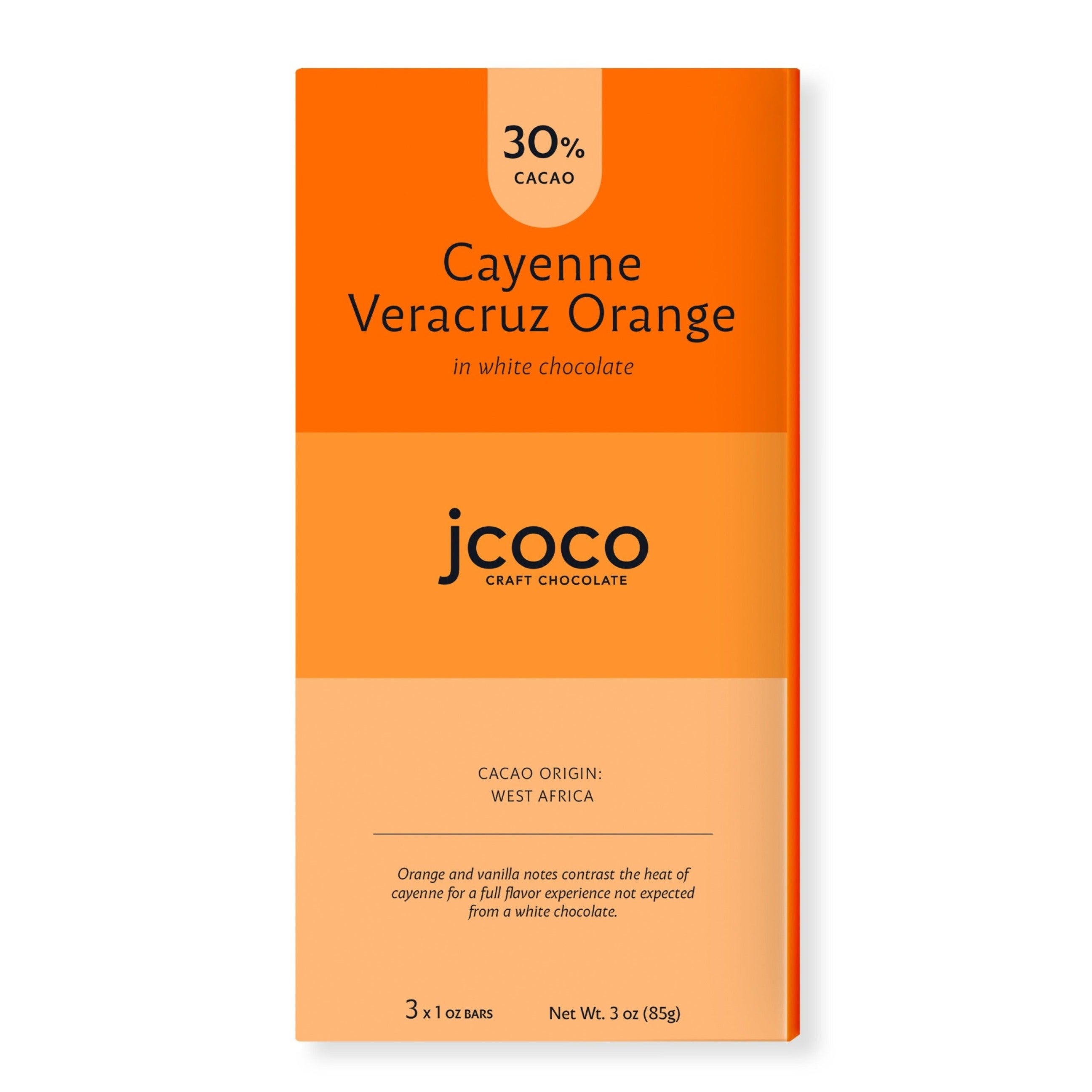 30% Cacao Cayenne veracruz orange 3oz chocolate bar