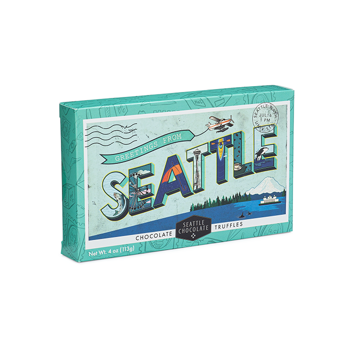 Send warm greetings with a beautiful truffle gift box depicting Seattle’s iconic highlights and Seattle Chocolates signature Blackberry Crème, Espresso and San Juan Sea Salt Truffles.